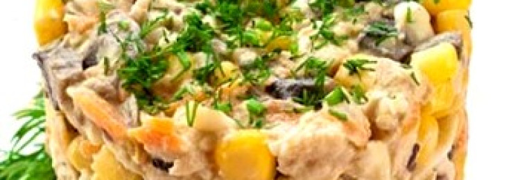 Салаты с шампиньонами и кукурузой: рецепты блюд из жаренных, маринованных и сухих грибов