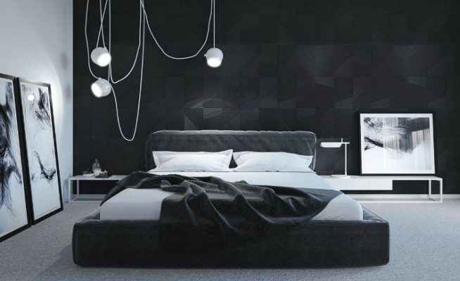 Эффектный дизайн спальни с черными стенами