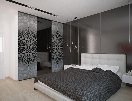 Эффектный дизайн спальни с черными стенами