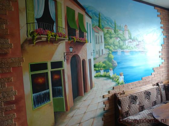 Художественная роспись стен в интерьере кухни
