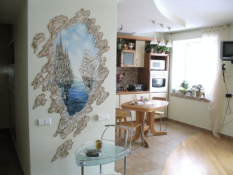 Художественная роспись стен в интерьере кухни