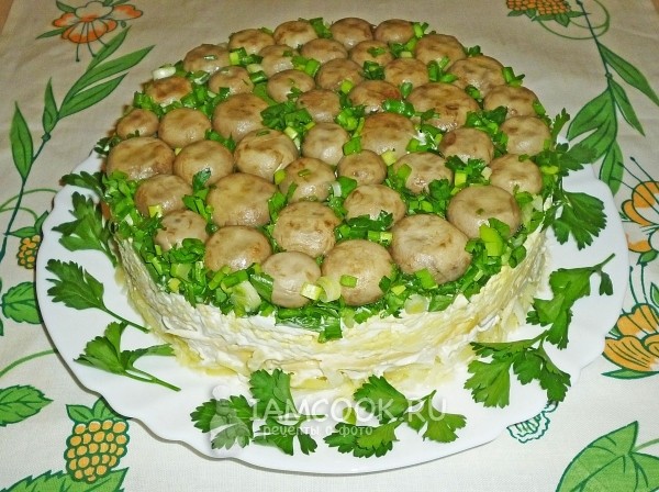 Салат «перевертыш» с шампиньонами, вкусный грибной рецепт с фото