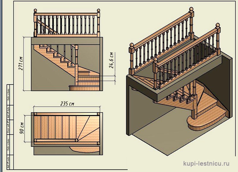Забежная лестница с поворотом на 90 градусов: описание, расчёты, изготовление